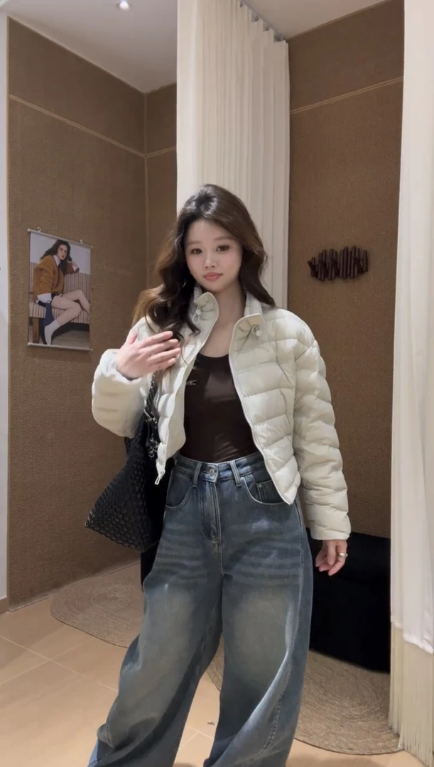 韩版立领排骨棉服外套女2025爆款超好看高腰复古牛仔裤两件套装