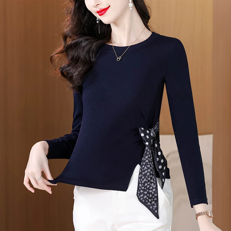 减龄时尚打底长袖T恤秋季设计感显瘦百搭气质丝巾绑带不规则上衣