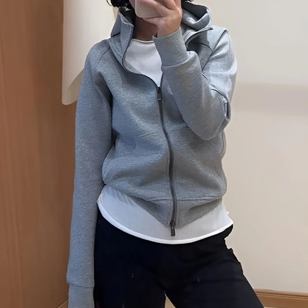 休闲宽松长袖上衣秋季新款胖MM大码女装慵懒风双拉链连帽卫衣外套