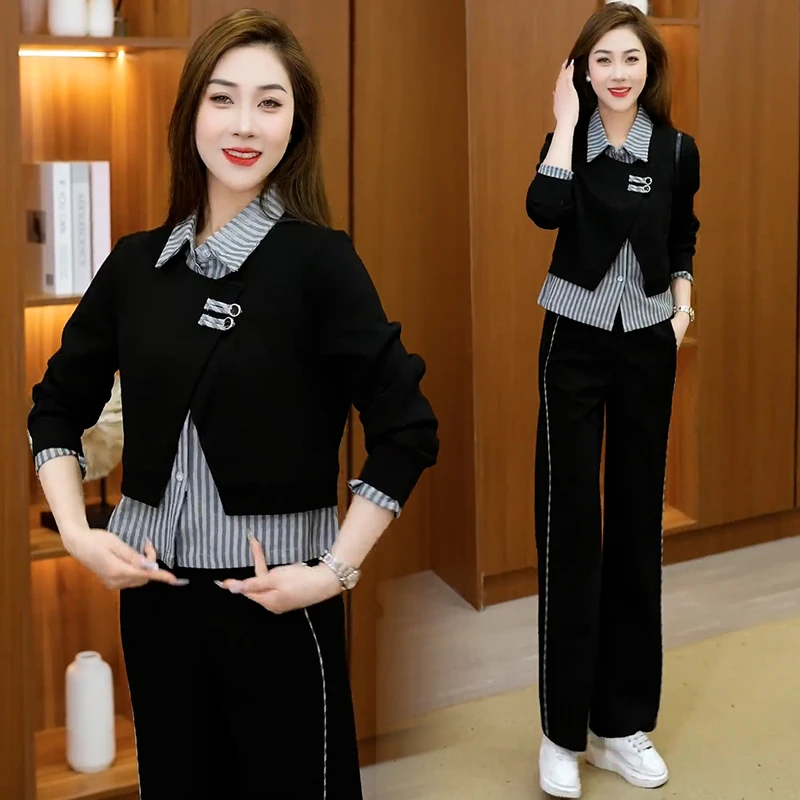 休闲套装女2026春秋新款时尚显瘦假百搭两件长袖上衣直筒裤两件套