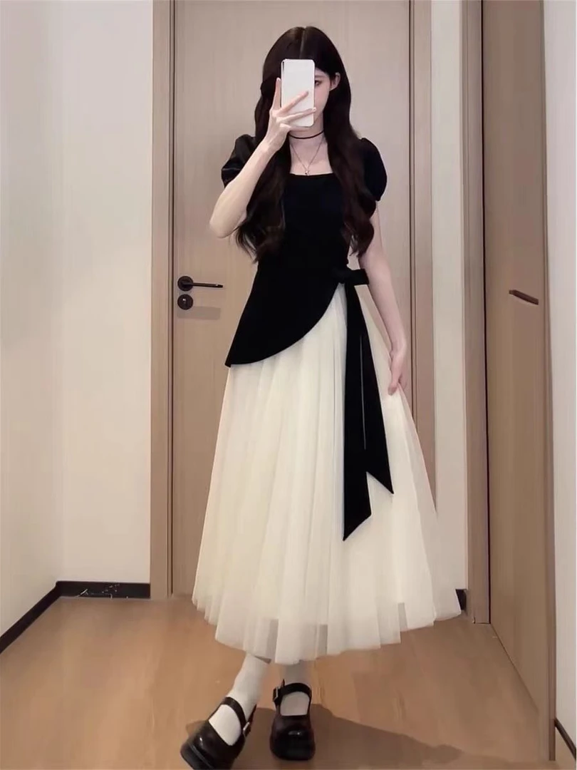 法式温柔风夏季收腰显瘦设计感撞色拼接不规则绑带网纱连衣裙1826