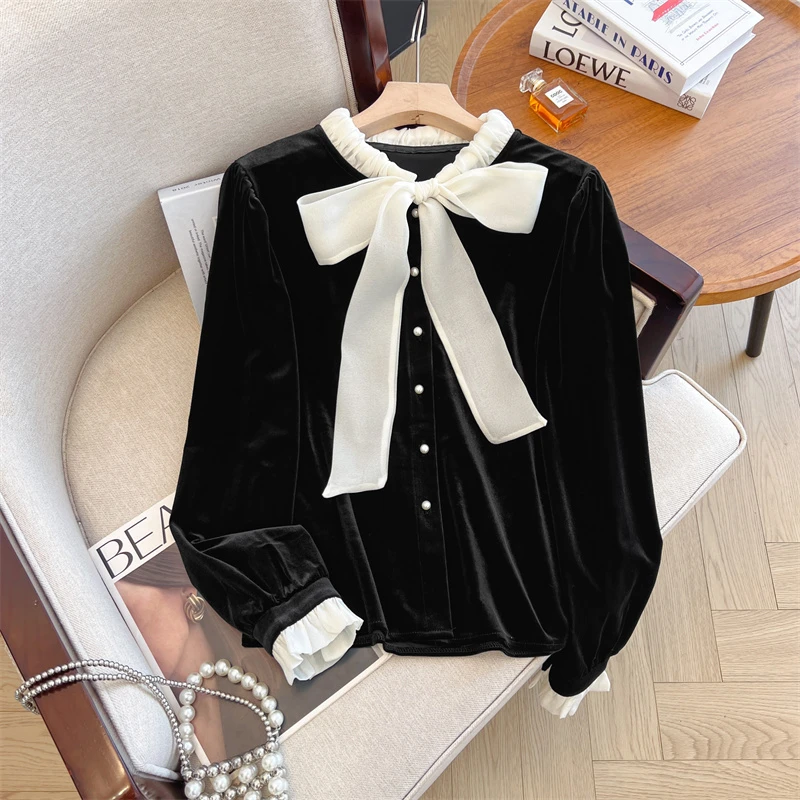 法式名媛蝴蝶结系带丝绒衬衫女秋季新款大码胖mm高级黑色长袖上衣