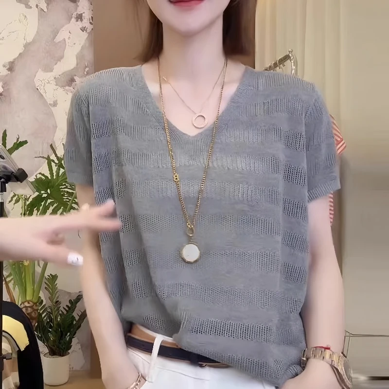 短袖薄款条纹圆领针织衫女T恤2025夏季新款宽松大码百搭休闲上衣