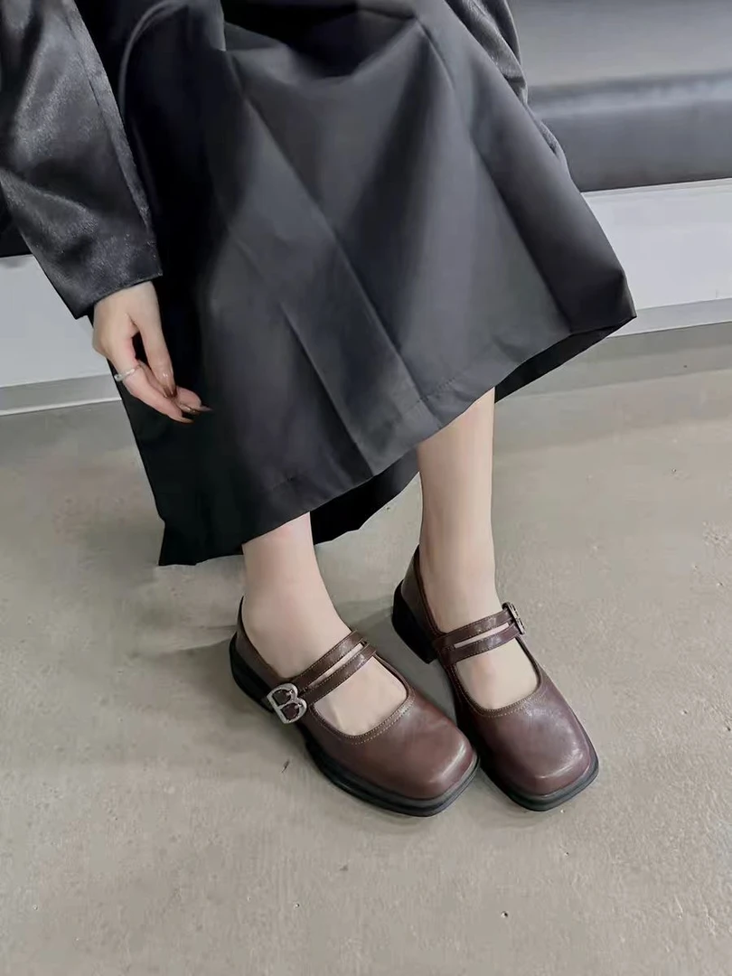粗跟中跟复古玛丽珍浅口单鞋女2025新款秋季厚底方头小皮鞋5070-3