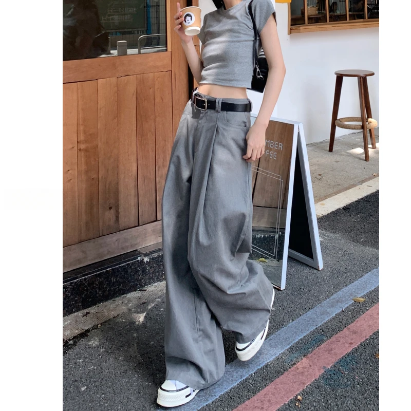 2025年流行网红女裤夏季新款高腰垂感宽松阔腿西装直筒高级休闲裤