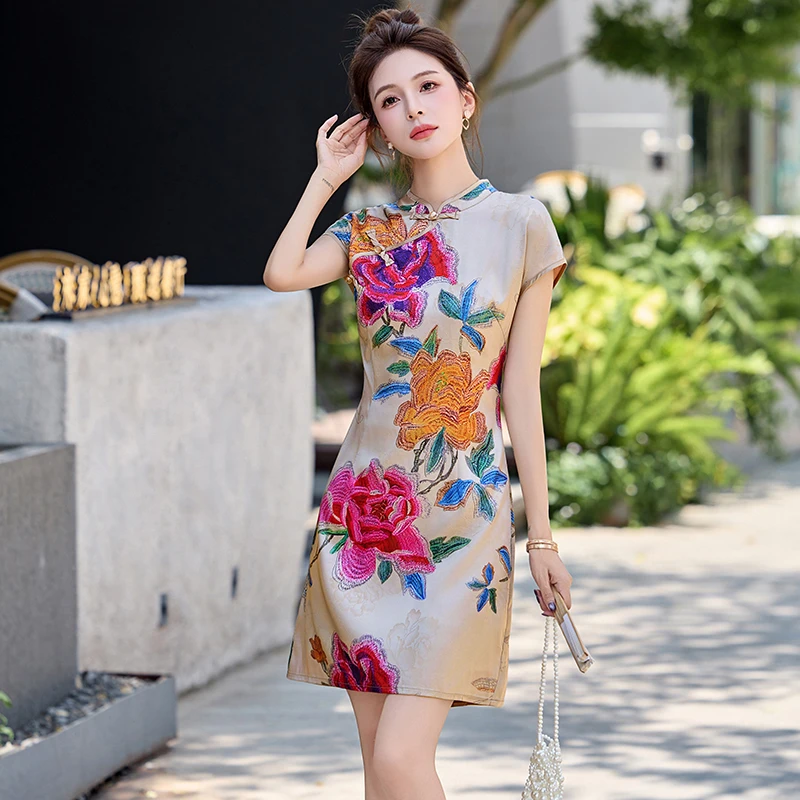 新中式国风连衣裙女夏季新款高级感修身显瘦改良旗袍中长裙子女款