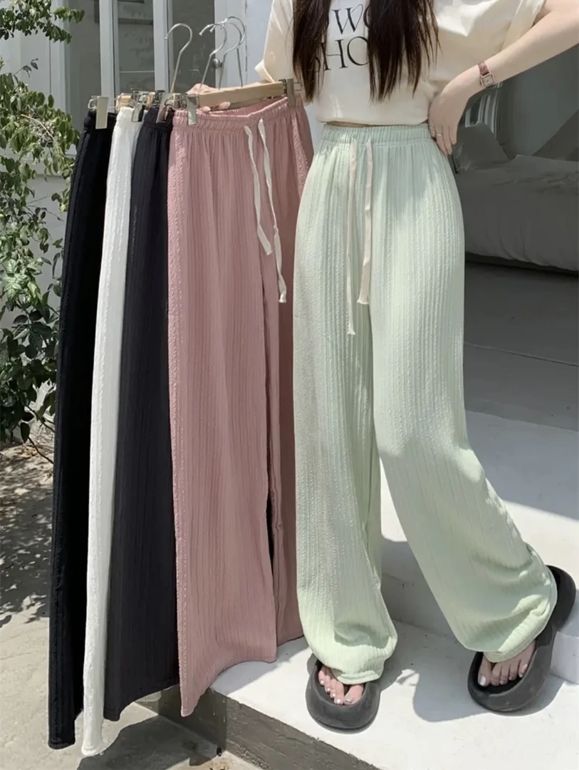 冰丝泡芙裤女款夏季薄高腰抽绳垂坠宽松直筒休闲裤慵懒肌理阔腿裤