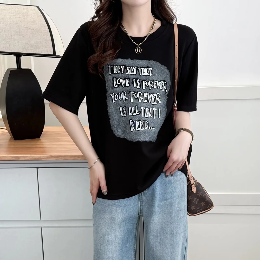 莘莘大码 胖mm时尚休闲字母T恤宽松百搭显瘦设计感重工短袖T恤女