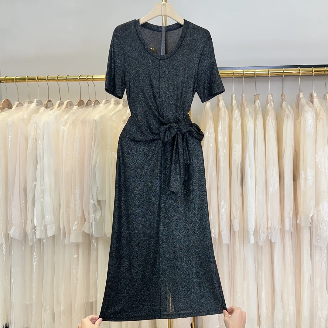 【RG5269】显瘦气质轻奢时尚百搭收腰休闲黑色法式长款修身连衣裙