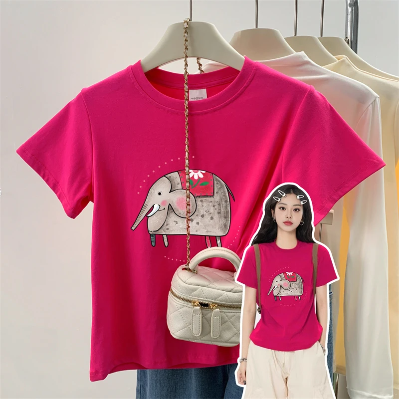 重磅棉短袖t恤女显瘦修身高弹力设计感上衣动物印花正肩潮流内搭