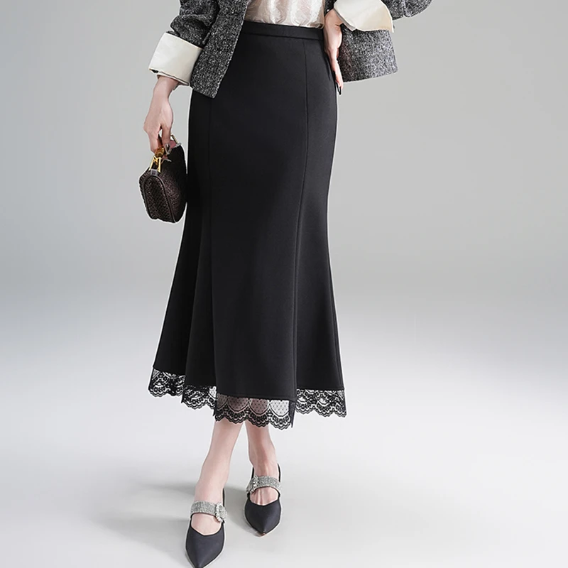 2025秋季时尚高腰蕾丝拼接半身裙女轻奢个性遮臀一步通勤鱼尾裙潮