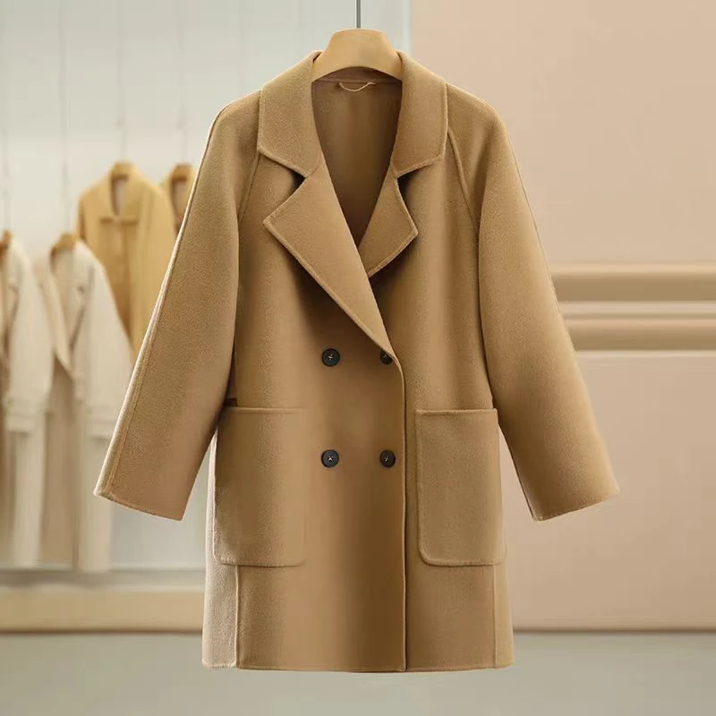 翻领秋冬呢大衣显瘦女毛呢外套纯色厚款V领