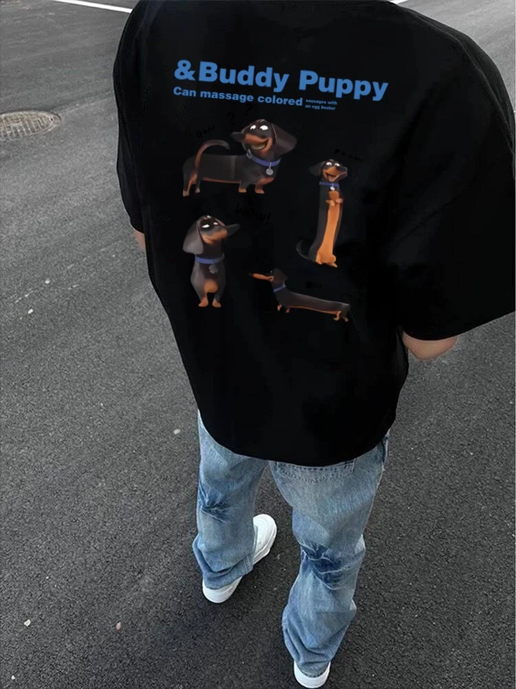 260g重磅纯棉腊肠狗狗卡通搞怪印花纯棉重磅宽松ins潮牌半袖体恤