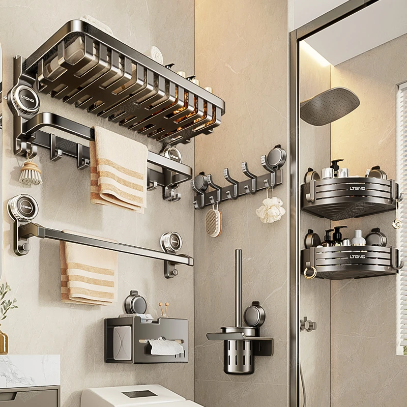 二代可水洗黏性吸盘浴巾架卫生间置物架免打孔壁挂大网篮毛巾架