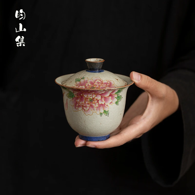 青花火石红二才盖碗壶承复古陶瓷功夫茶具女士个人专用泡茶器茶碗