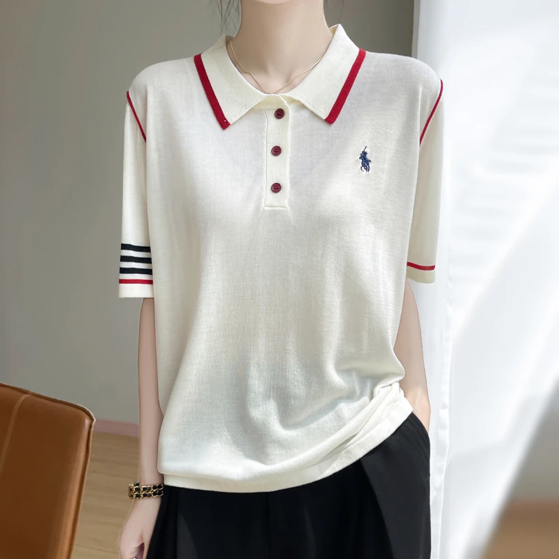 夏季莱赛尔天丝翻领短袖轻熟风撞色宽松彩扣T恤夏装洋气t恤休闲女