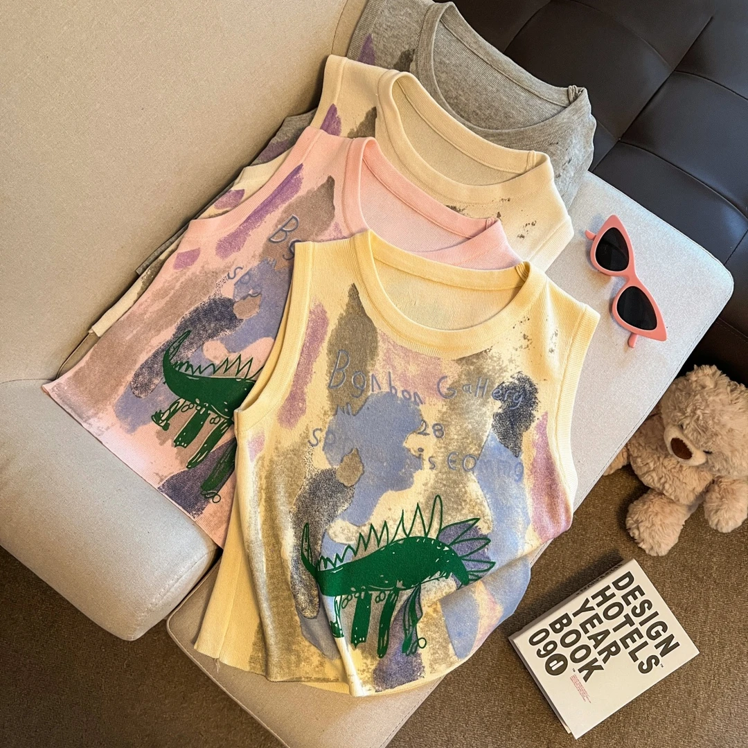 LaChapelle/拉夏贝尔涂鸦印花针织背心夏季短款外穿无袖小上衣印