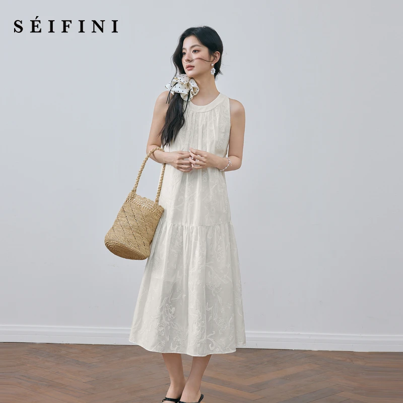 诗凡黎刺绣肌理感无袖长裙2025夏新款A字温柔气质连衣裙7G5190281