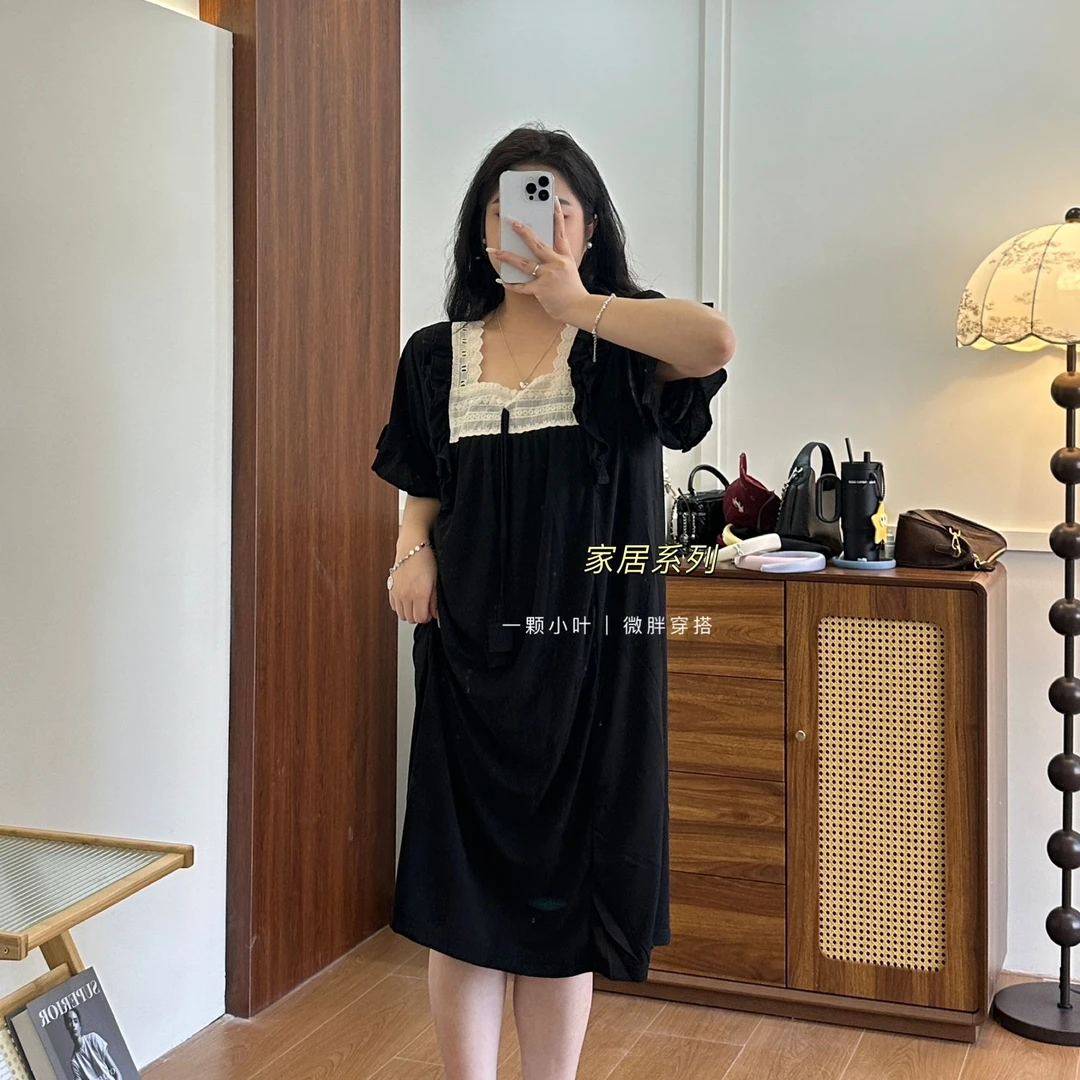 【一颗小叶】夏季大码微胖法式简约睡裙泡泡袖甜美蕾丝短袖薄款