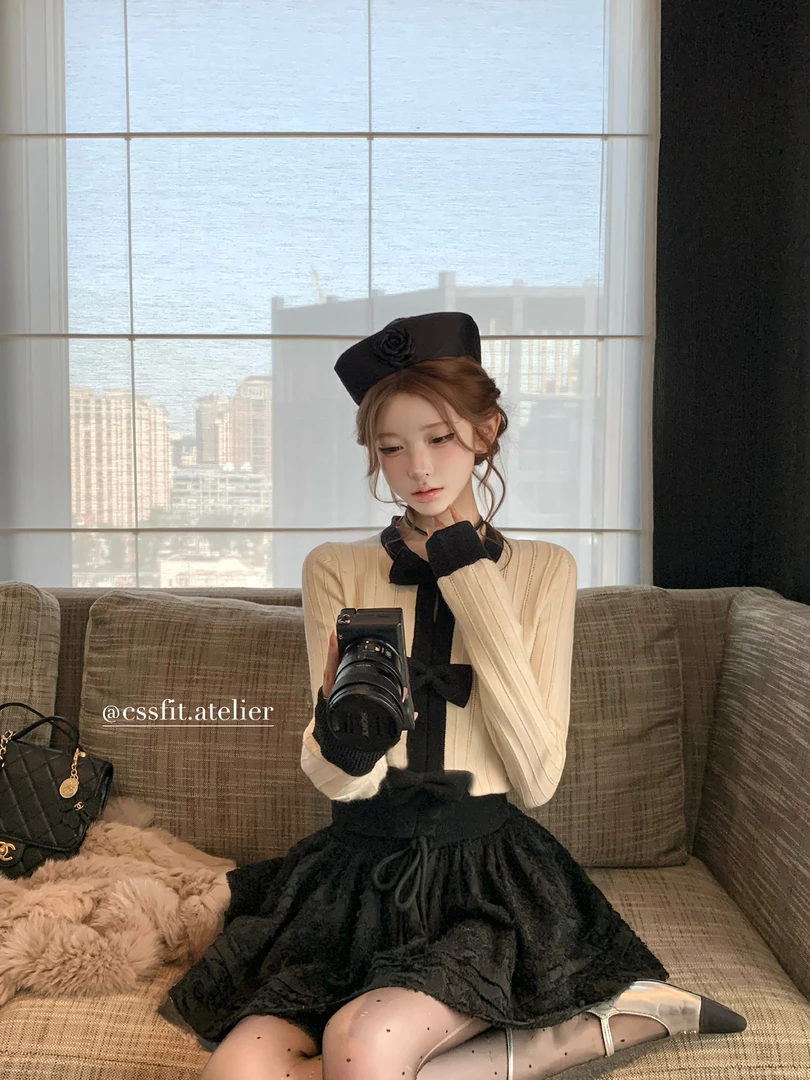 溯雪时分 小香氛围毛毛外套蝴蝶结撞色收腰针织衫上衣配半身裙女