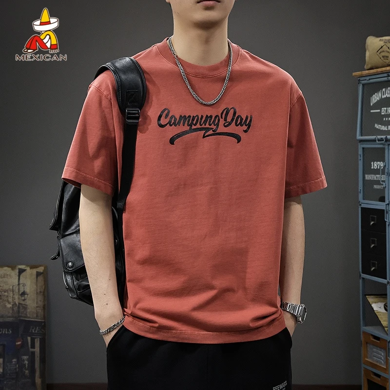 Mexican/稻草人夏季潮牌复古印花男士t恤短袖高街水洗红色半袖衫T