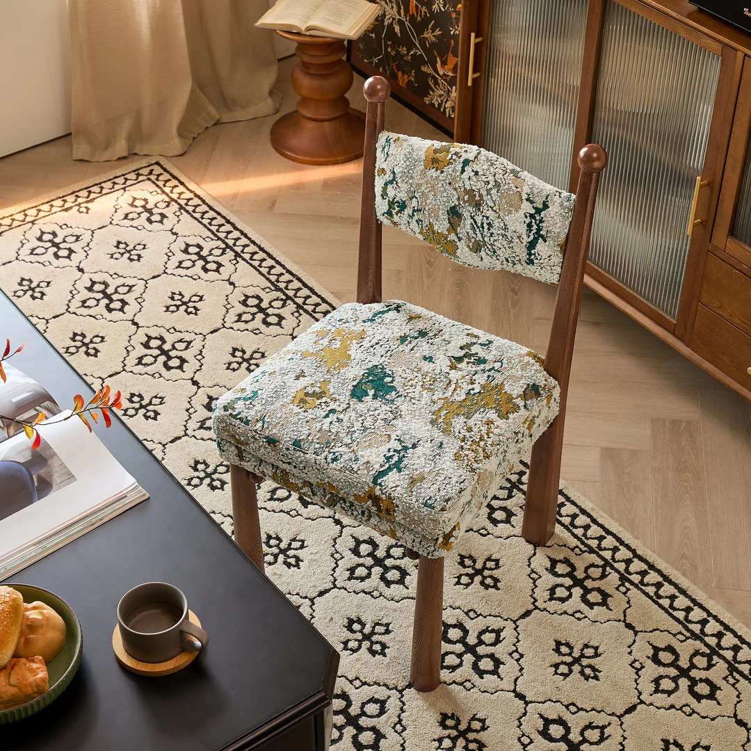 王子椅法式复古餐椅白蜡木实木布艺提花中古风椅设计师轻奢妆台椅