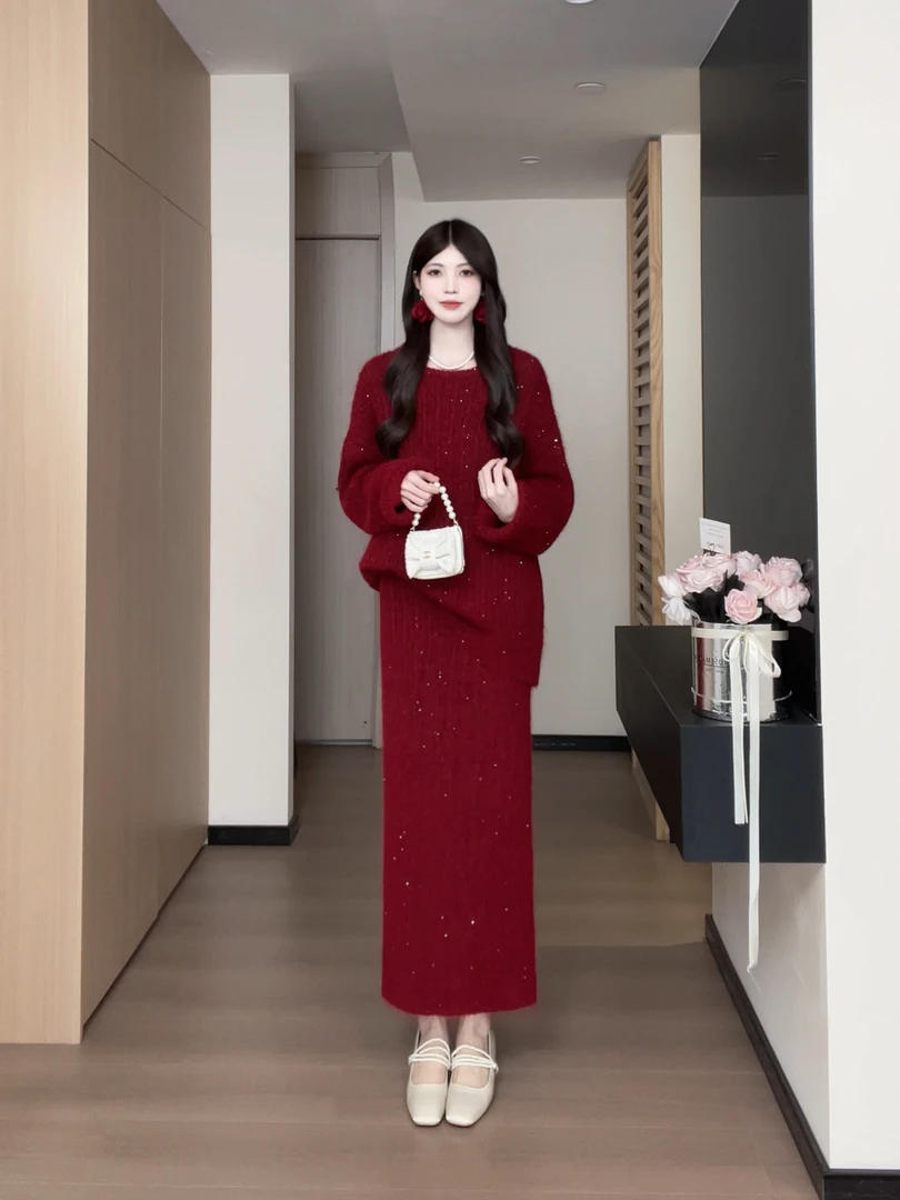 松本丧丧酒红闪片针织套装 宽松毛衣搭长裙 柔暖显氛围B254Z0063