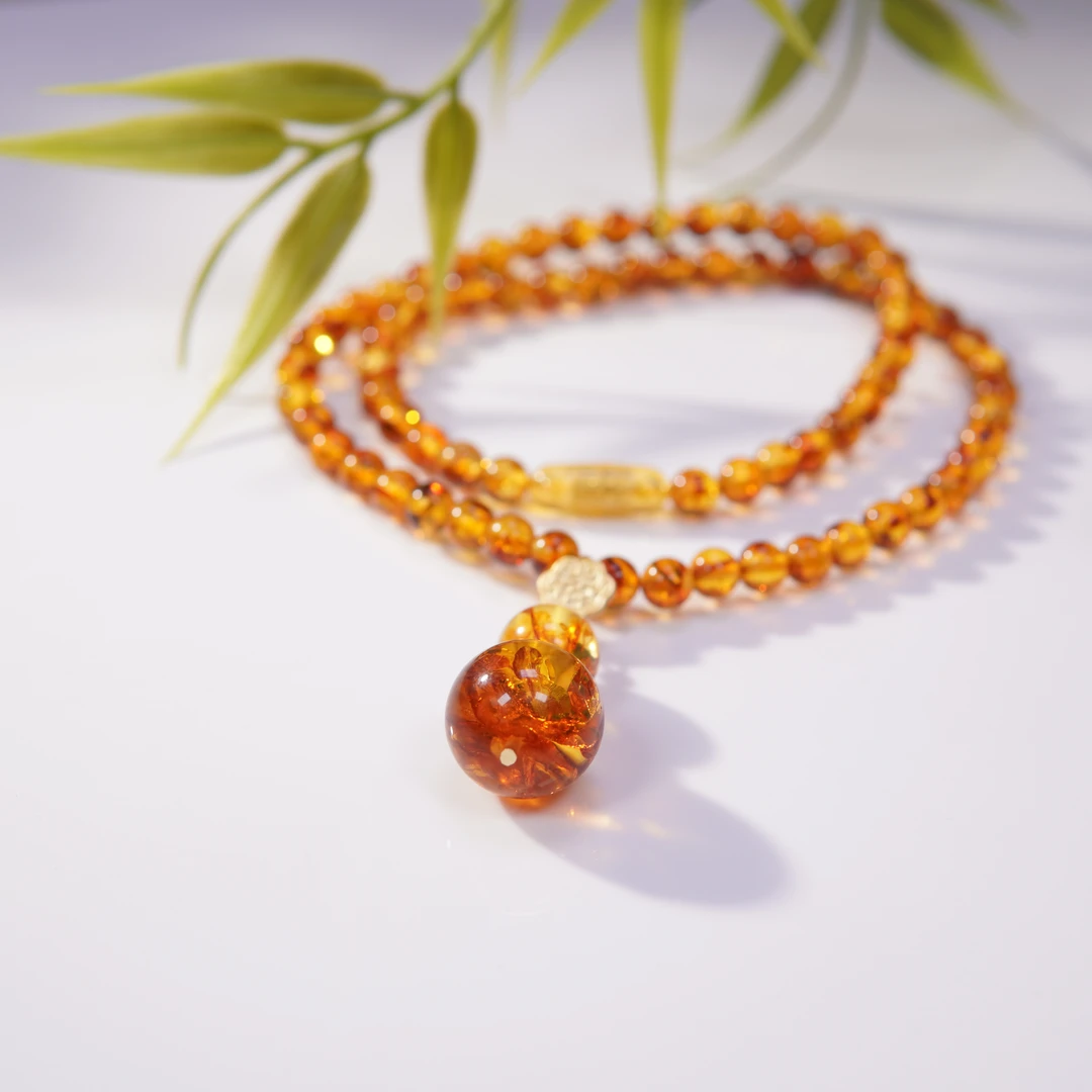 苏芳珠宝-6mm天然俄罗斯花珀葫芦项链时尚气质精美单圈项链