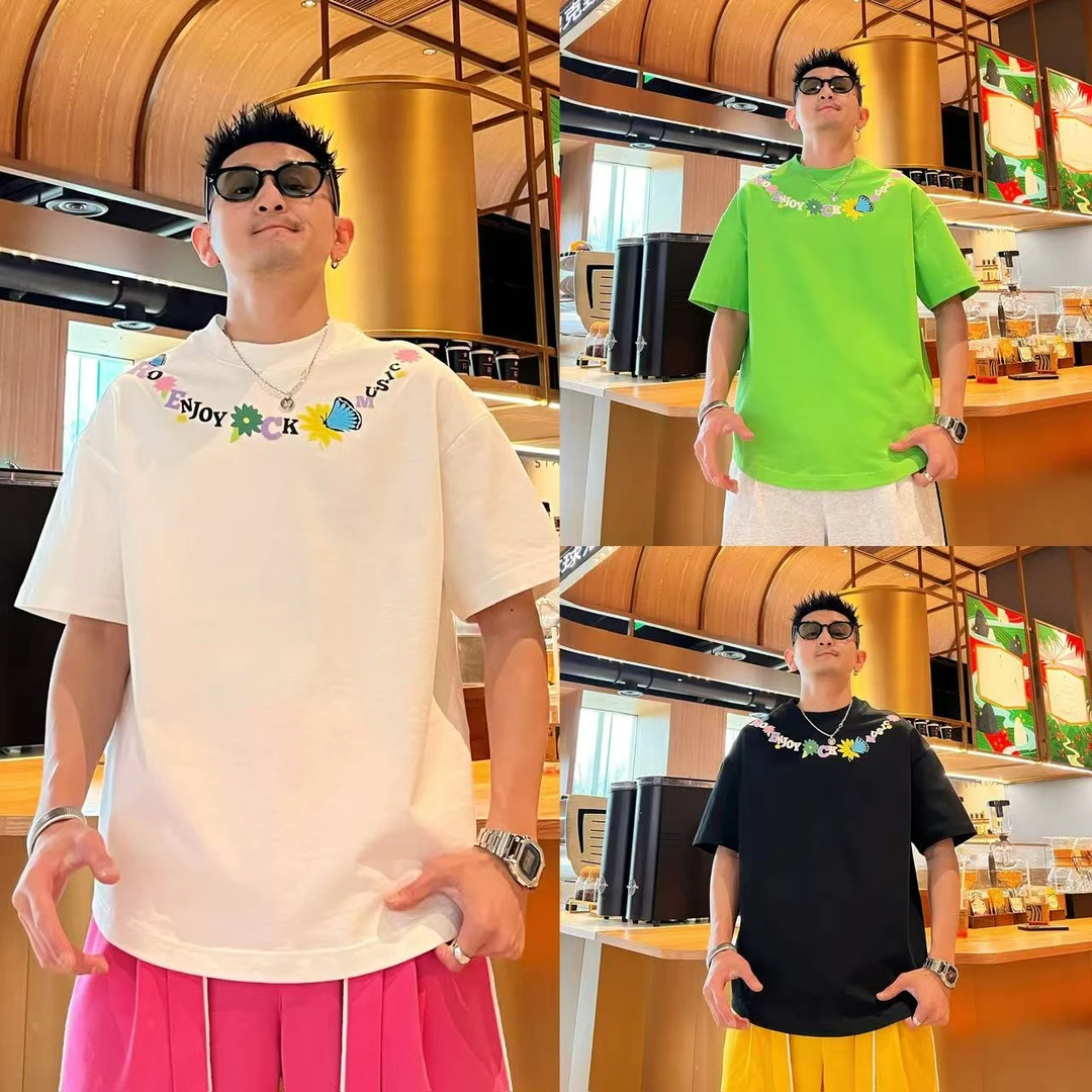 小众个性时尚青春活力花卉刺绣字母发泡情侣款纯棉套头短袖T恤