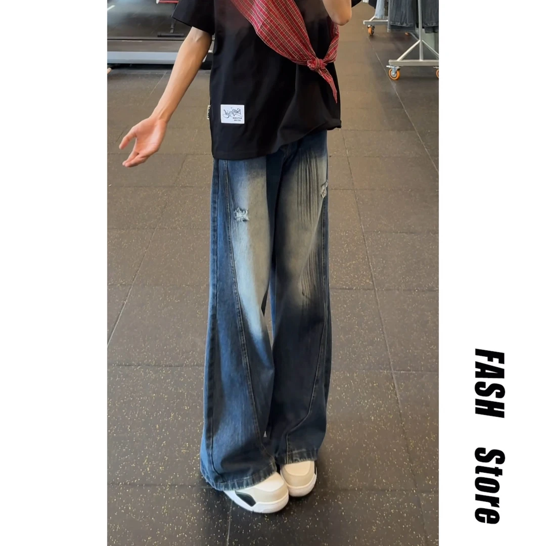 美式街头水洗做旧破洞牛仔裤男夏季直筒宽松欧美高街vibe风长裤子