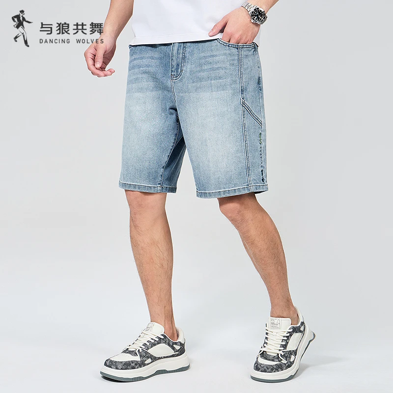 【轻薄透气】与狼共舞25夏季舒弹宽松水洗牛仔裤休闲男士裤子五分裤