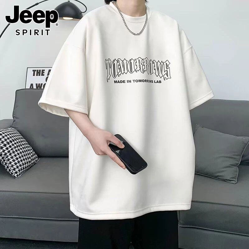 JEEPSPIRIT麂皮绒短袖夏男款潮牌美式复古情侣T新款白色印花短袖