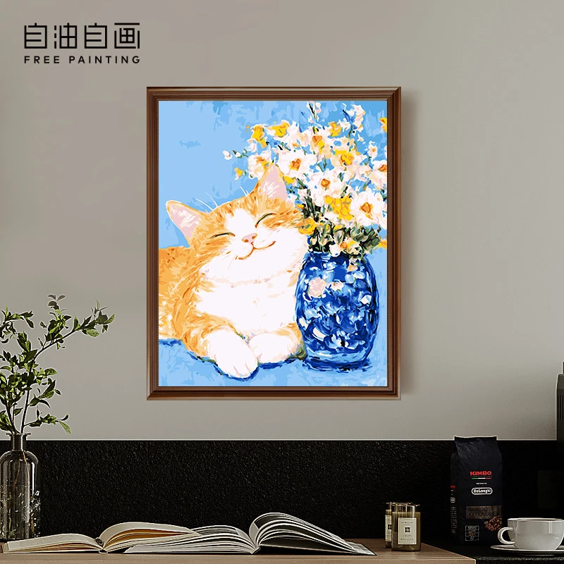 数字油画填色手工油画手绘动物油画厚涂数字油彩画填色画幸福猫