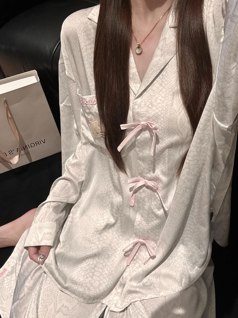 韩系可爱凯蒂猫蝴蝶结睡衣女夏季新款大码亲肤长袖长裤家居服套装