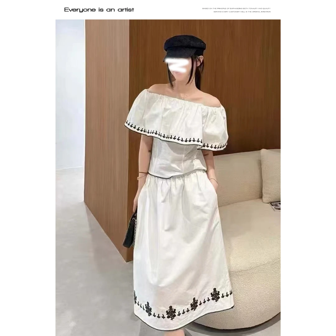 62053-1【套装】刺绣一字肩设计上衣+半身裙夏