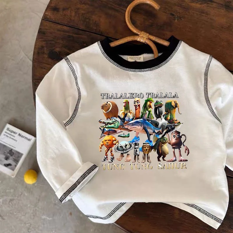 新款儿童山海经国外木棍通通纯棉长袖男女儿童打底T恤衣服上衣潮t