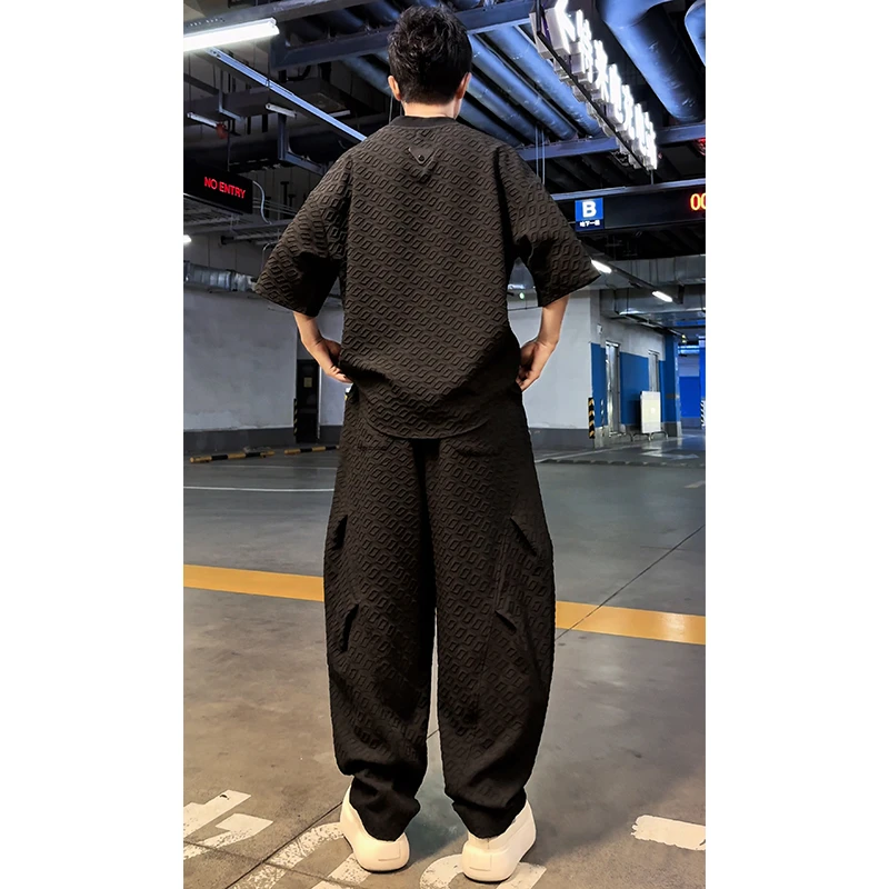 夏季薄款结构休闲套装立体剪裁圆领T恤宽松港风时尚韩版阔腿裤