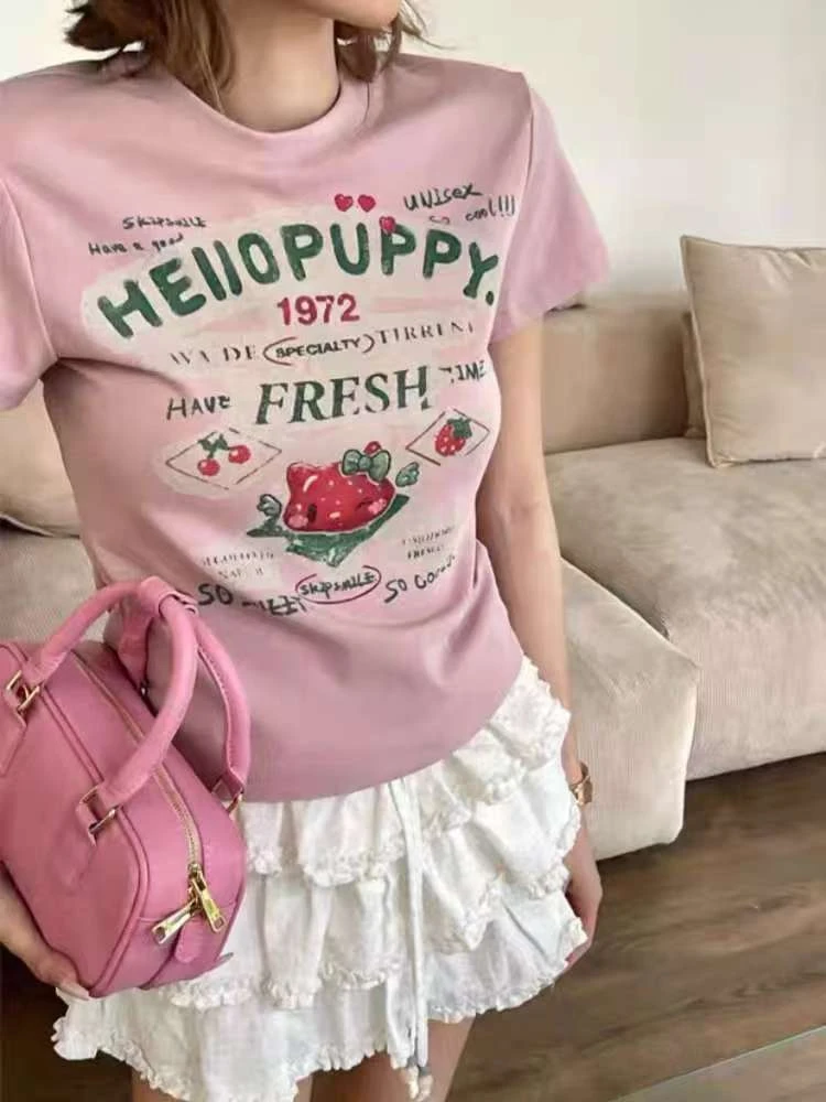 【济州岛】美式复古小众款草莓Kitty猫字母图案印花短袖