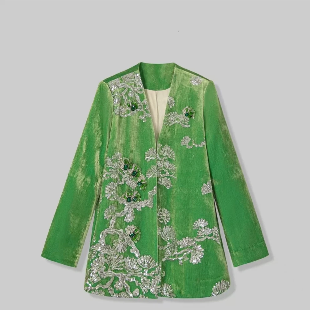 【蒋欣同款】华妃新中式高定质感丝绒重工刺绣手工钉珠V领套装时尚