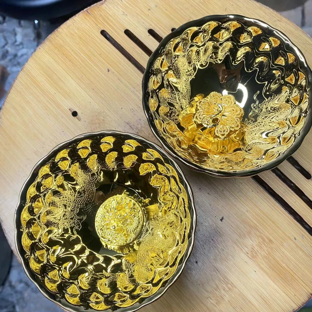手工茶器 全金双龙盘龙金凤对杯