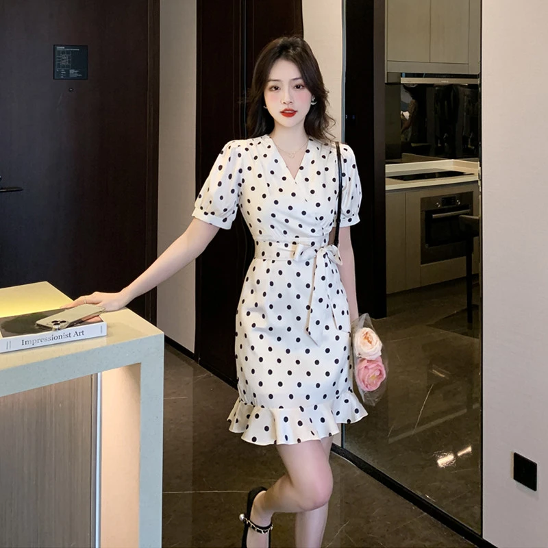 时尚2025新款女神范波点缎面显瘦减龄气质鱼尾连衣裙8300