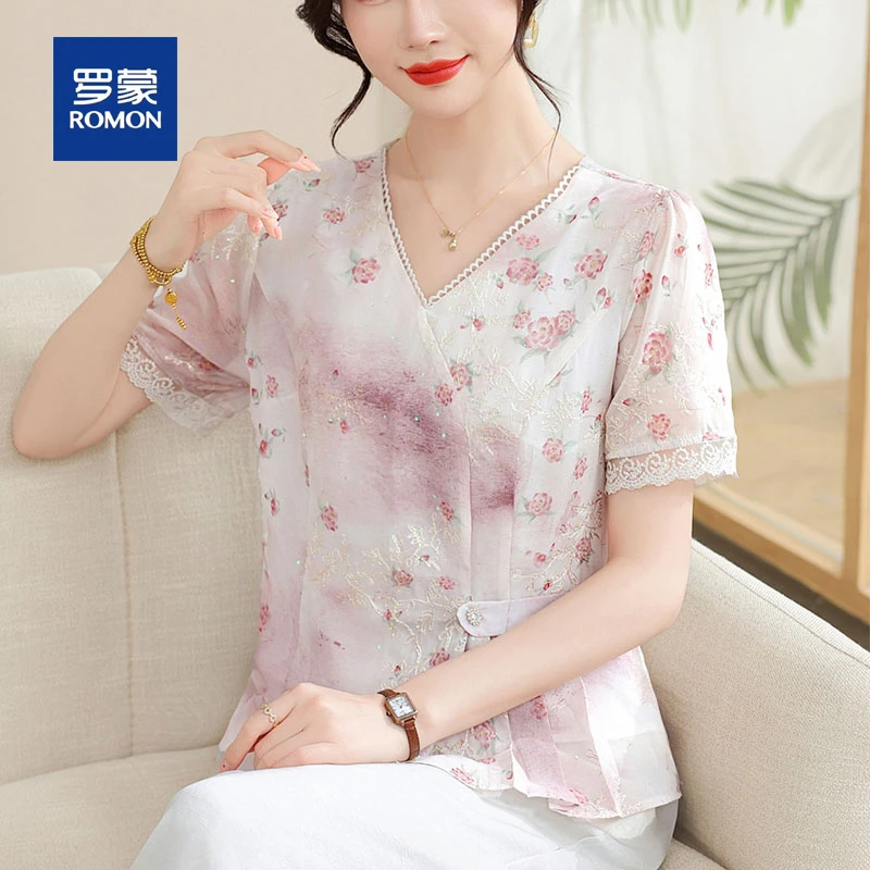 罗蒙中老年妈妈夏装短袖气质小衫套装中老年贵夫人母亲节高档衬衫