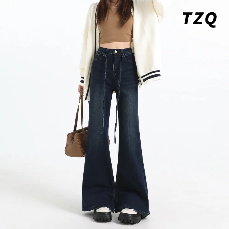 复古蓝不贴腿微喇牛仔裤女夏季百搭高腰显瘦抽绳喇叭裤TZQ2511410