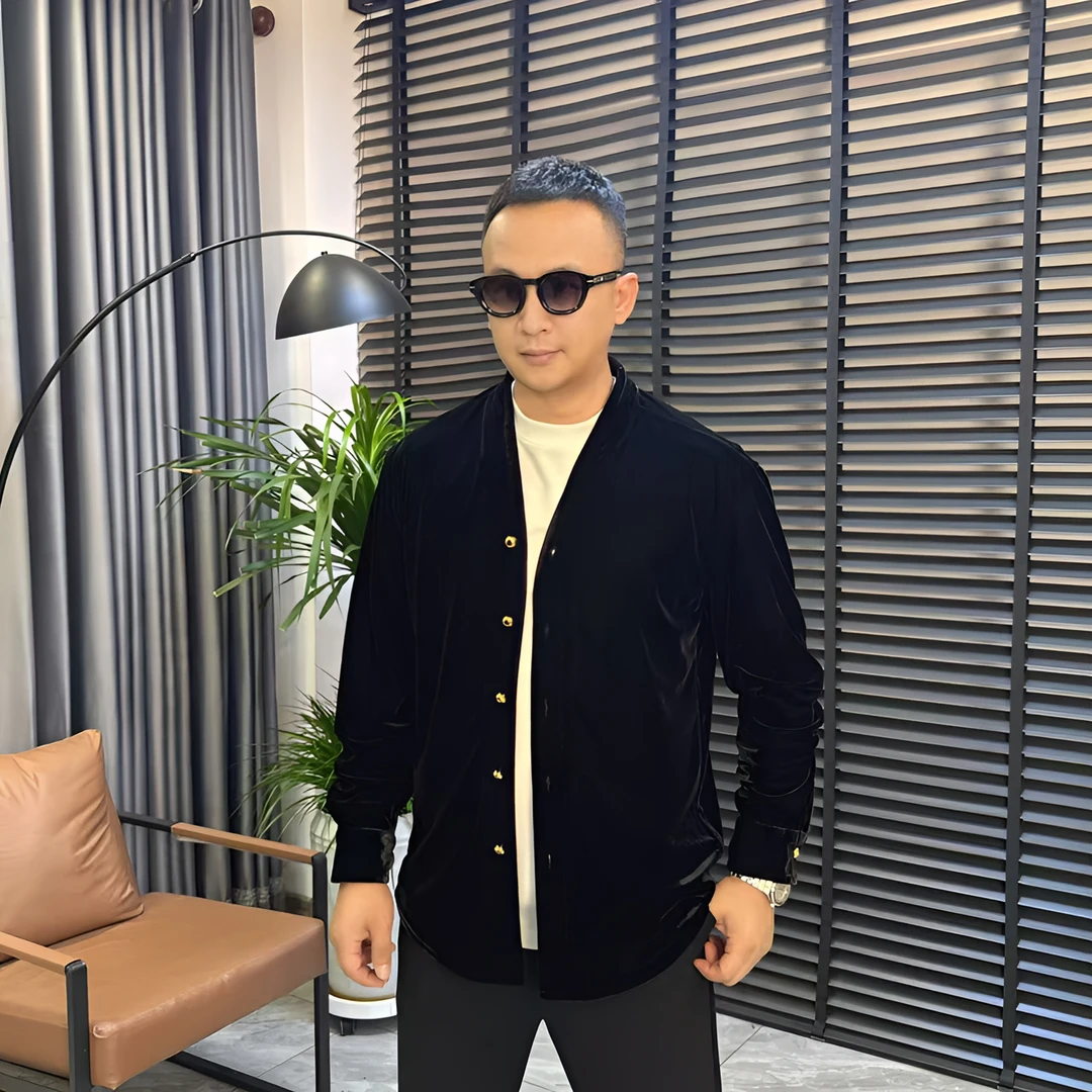 张先生欧货•8108秋季男士轻商务时尚休闲简约丝绒无领外套