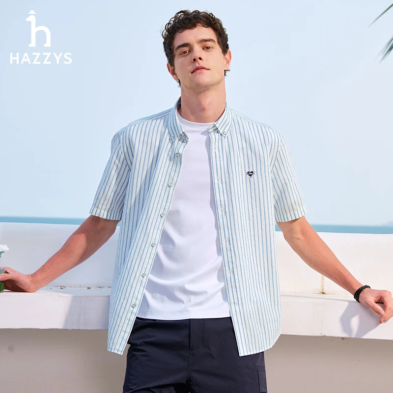 【PHIZ】Hazzys哈吉斯竖条纹休闲短袖夏季衬衫男士舒适时尚潮流衬衣