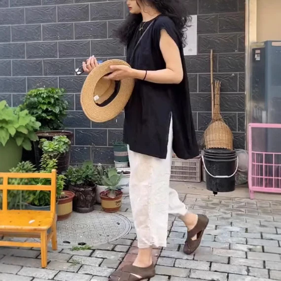 洋气宽松时尚显瘦2025夏季新款无袖宽松竖条纹上衣简约哈伦裤女潮