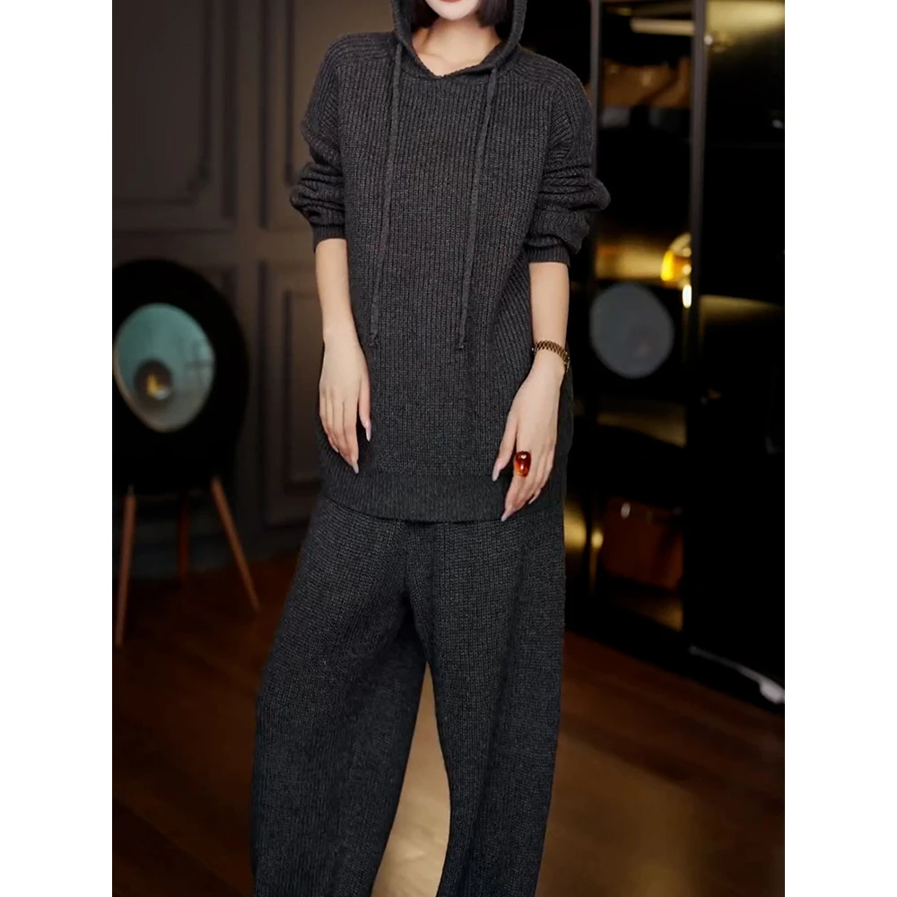 时尚洋气纯色针织裤套装女2025冬季新款休闲风百搭韩系上衣+裤子