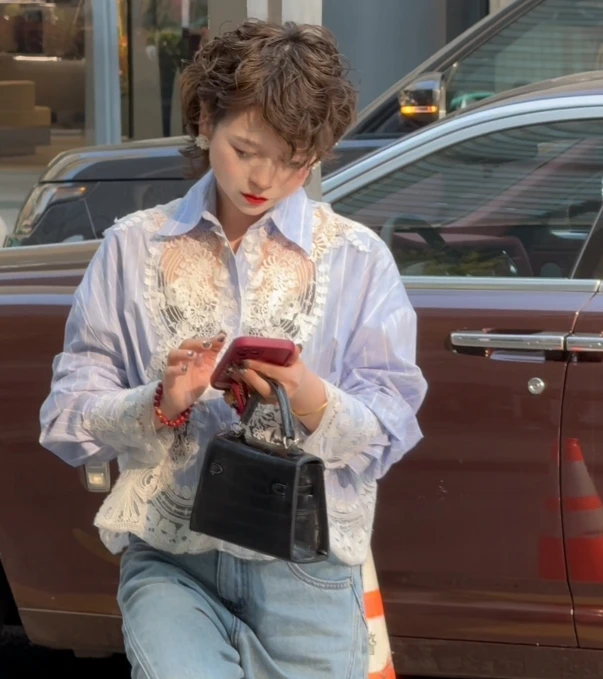 2025春季新款欧货女装拼接刺绣镂空蕾丝翻领长袖女XZ25CS077