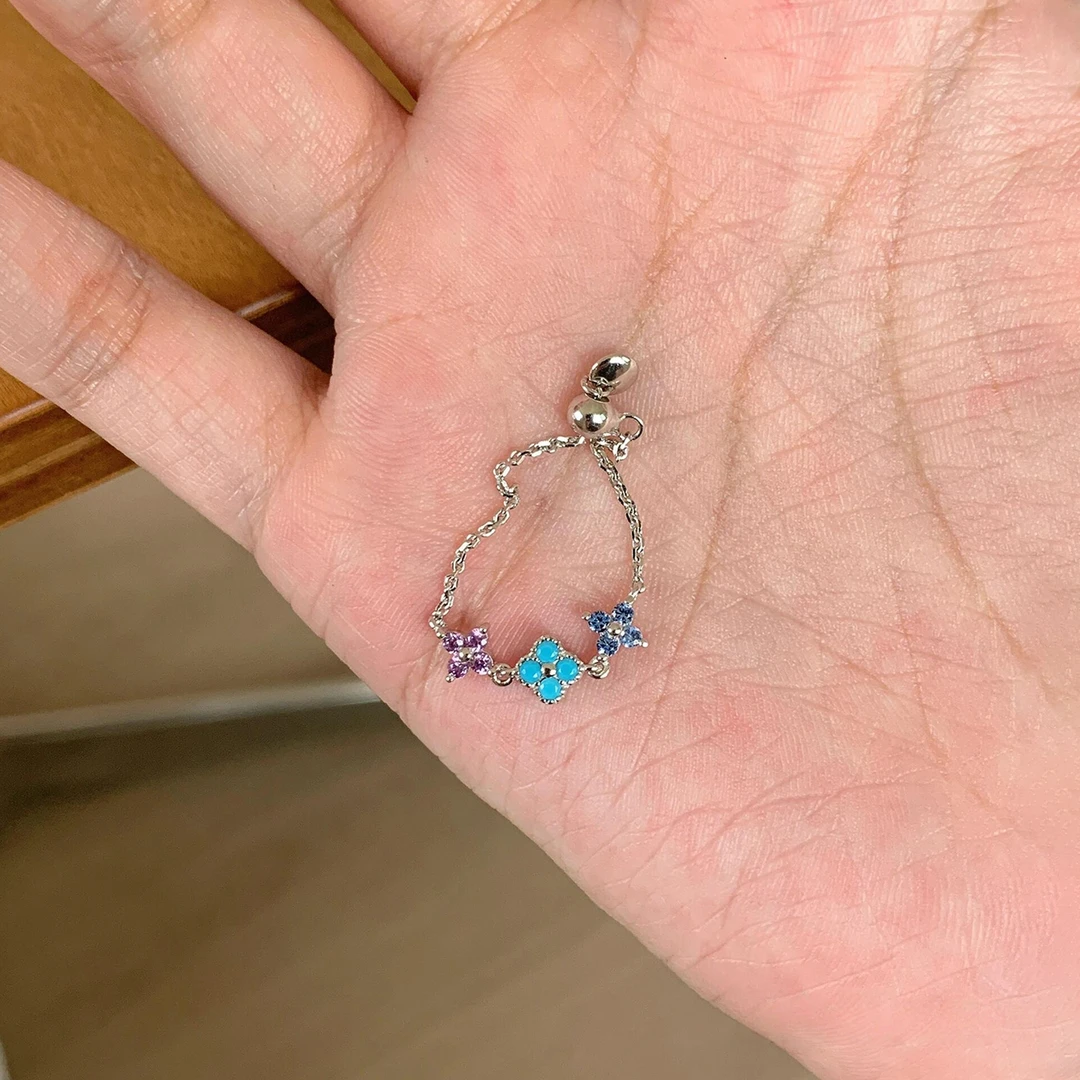 铜合金戒指 多巴胺锆石四叶草戒指时尚小众设计感抽拉可调节指环
