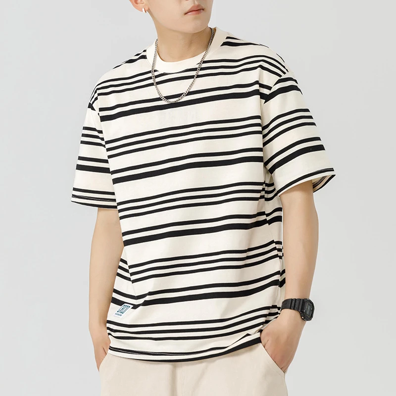 日系复古潮流条纹短袖t恤衫男士夏季潮牌宽男士170胖子男生裤子